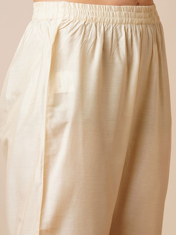 Globus Women Off White Embroidered Yoke Silver Foil Printed A-Line Kurta With Narrow Trousers & Dupatta