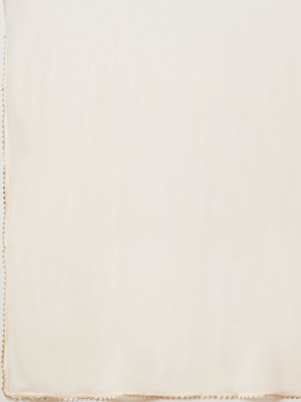 Globus Women Off White Embroidered Yoke Silver Foil Printed A-Line Kurta With Narrow Trousers & Dupatta
