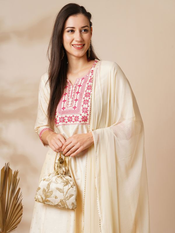 Globus Women Off White Embroidered Yoke Silver Foil Printed A-Line Kurta With Narrow Trousers & Dupatta