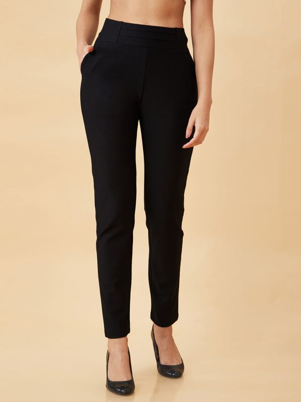 Globus Women Black Stretchable Skinny Fit Workwear Treggings With Pockets