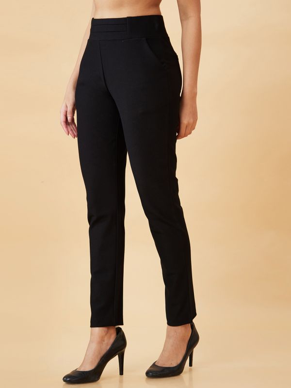 Globus Women Black Stretchable Skinny Fit Workwear Treggings With Pockets