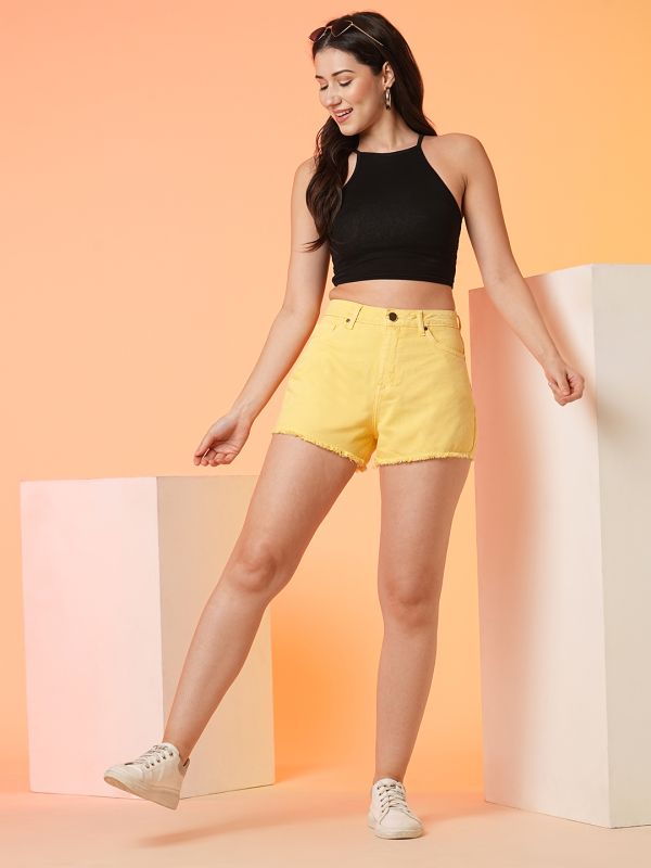 Globus Women Yellow Stretchable Mid Rise Frayed Denim Shorts