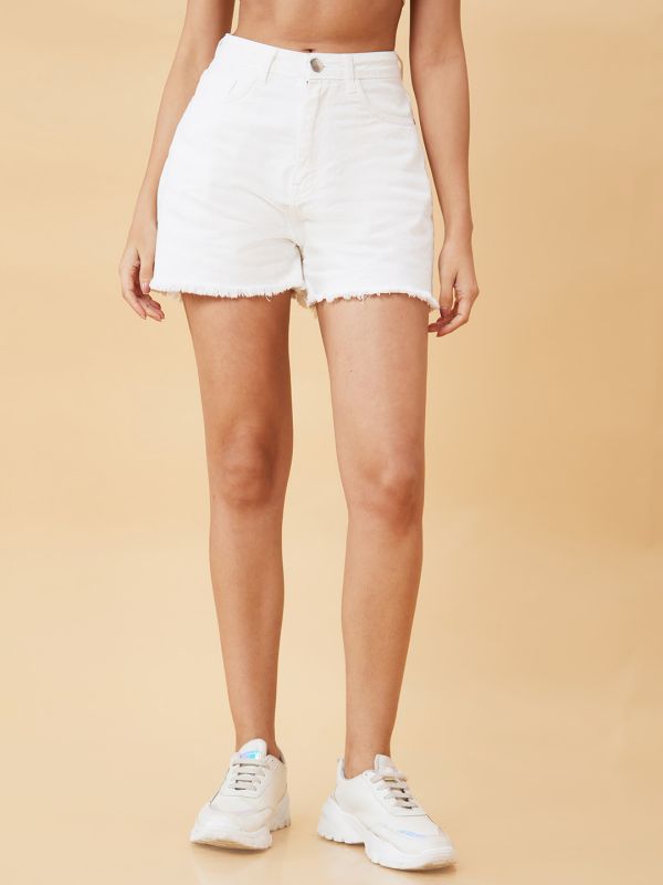 Globus Women White Stretchable Mid Rise Frayed Denim Shorts