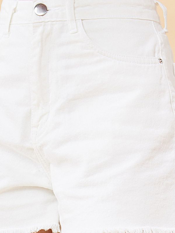 Globus Women White Stretchable Mid Rise Frayed Denim Shorts