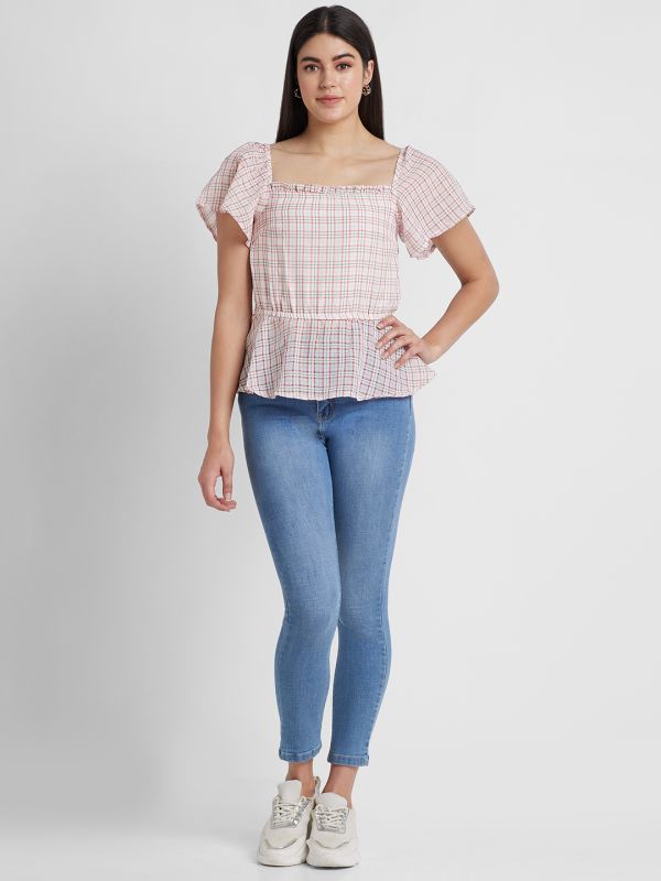 Globus Women White Checked Square Neck Cinched Waist Top