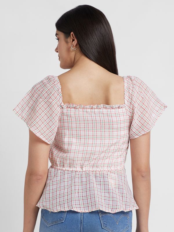 Globus Women White Checked Square Neck Cinched Waist Top