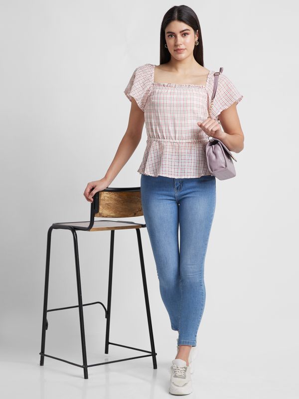 Globus Women White Checked Square Neck Cinched Waist Top
