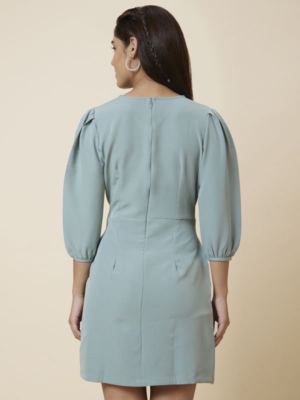 Globus Women Green Solid Fit and Flare Belted Dress