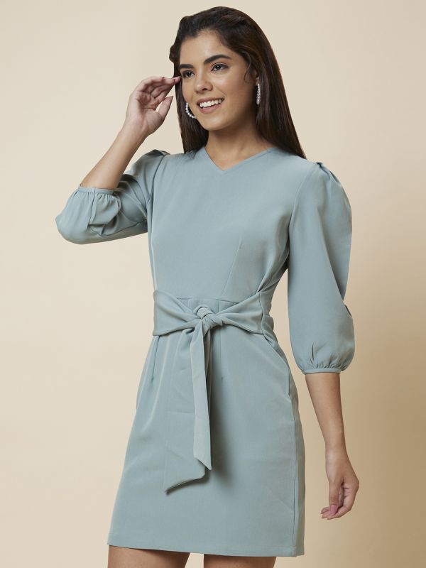 Globus Women Green Solid Fit and Flare Belted Dress
