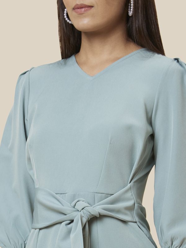 Globus Women Green Solid Fit and Flare Belted Dress