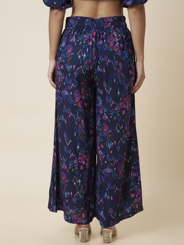 Globus Women Navy Blue Paisley Printed Wide Leg Palazzos