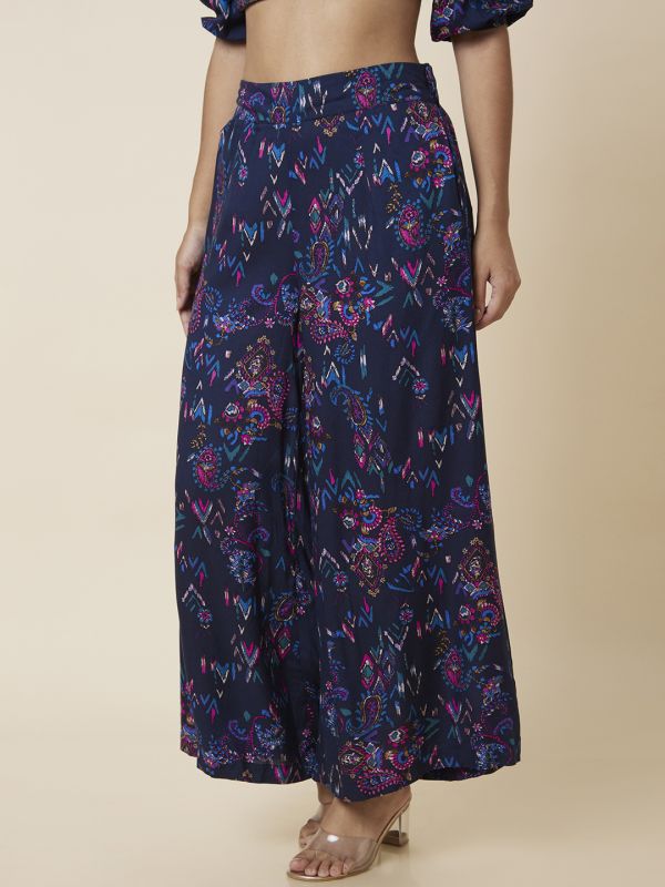 Globus Women Navy Blue Paisley Printed Wide Leg Palazzos