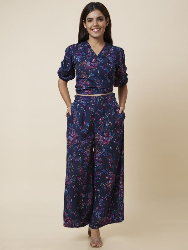 Globus Women Navy Blue Paisley Printed Wide Leg Palazzos