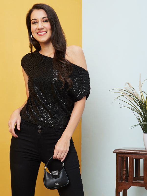 Globus Women Black Sequinned One Shoulder Party Crop Top