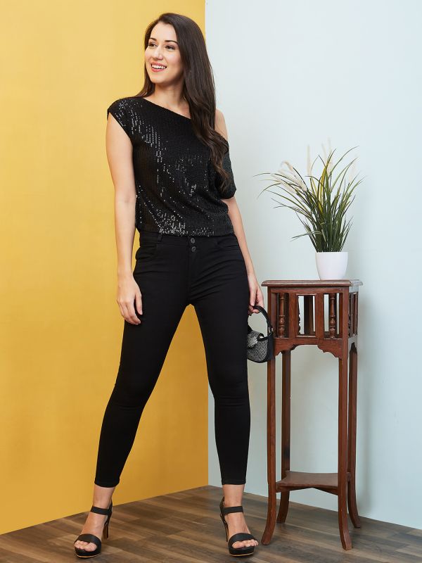 Globus Women Black Sequinned One Shoulder Party Crop Top