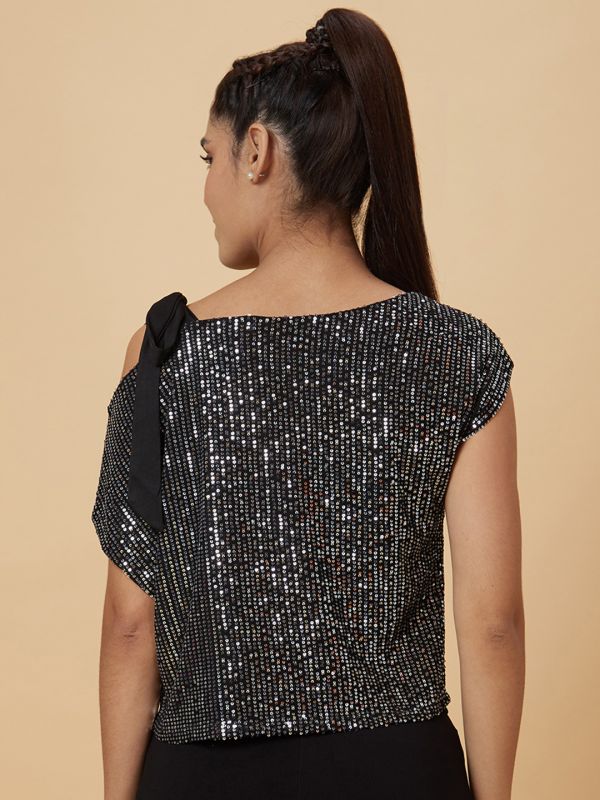 Globus Women Black Embellished Tie-Up Shoulder Party Crop Top