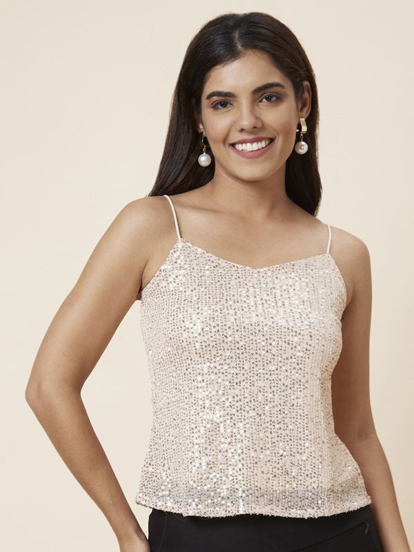 Globus Women Cream Strappy Shoulder Sequinned Party Top