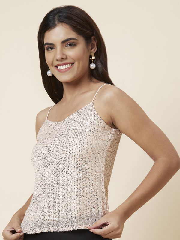 Globus Women Cream Strappy Shoulder Sequinned Party Top