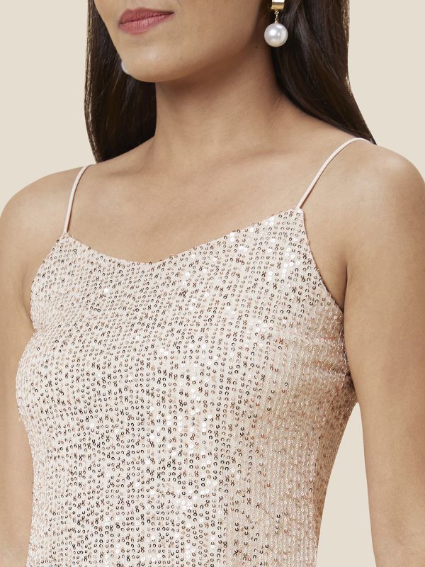 Globus Women Cream Strappy Shoulder Sequinned Party Top