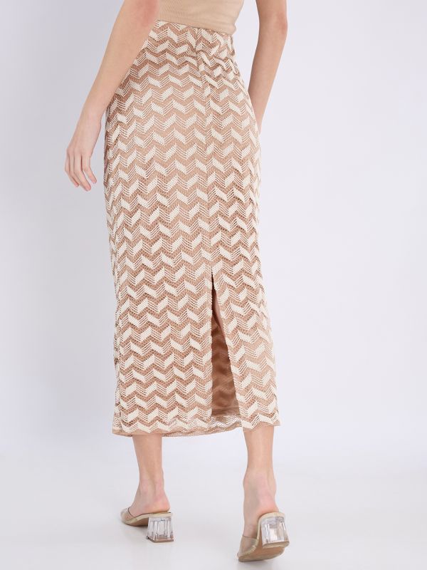 Globus Women Beige Chevron Pattern Crochet Mid Rise Back Slit Pencil Midi Skirt