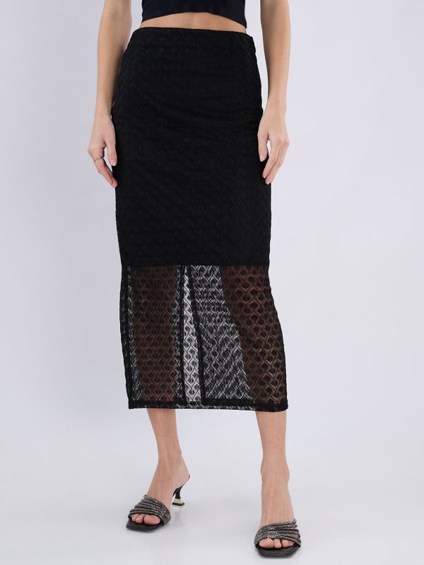 Globus Women Black Mid Rise Self Design Lace Midi Pencil Party Skirt