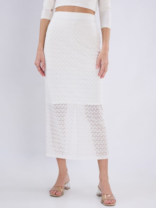 Globus Women White Mid Rise Self Design Lace Midi Pencil Party Skirt
