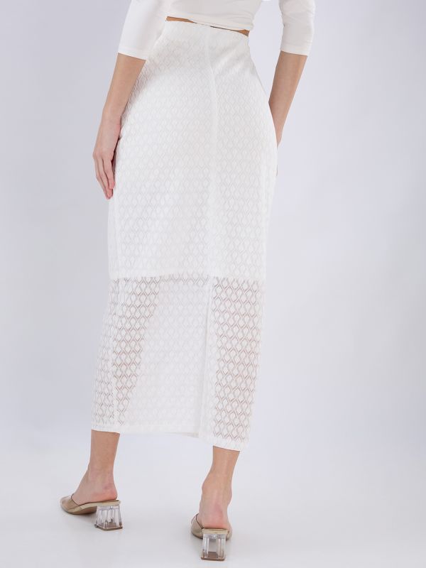 Globus Women White Mid Rise Self Design Lace Midi Pencil Party Skirt