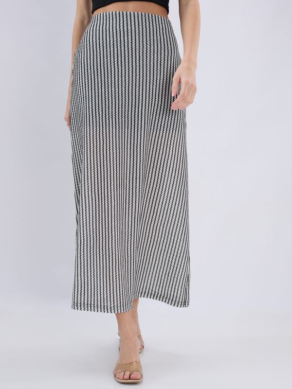 Globus Women White Mid Rise Self Design Striped Pattern Crochet Flared Midi Skirt