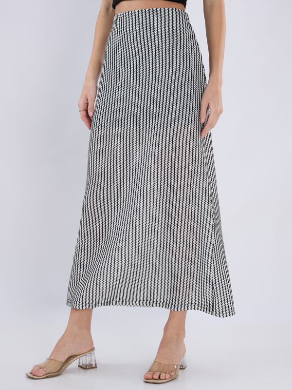 Globus Women White Mid Rise Self Design Striped Pattern Crochet Flared Midi Skirt