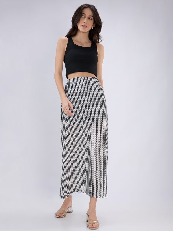 Globus Women White Mid Rise Self Design Striped Pattern Crochet Flared Midi Skirt