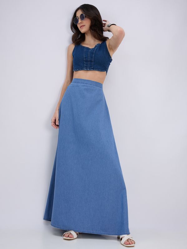 Globus Women Blue High-Rise A-Line Flared Hem Denim Maxi Skirt