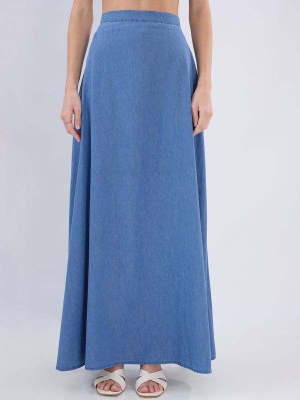 Globus Women Blue High-Rise A-Line Flared Hem Denim Maxi Skirt