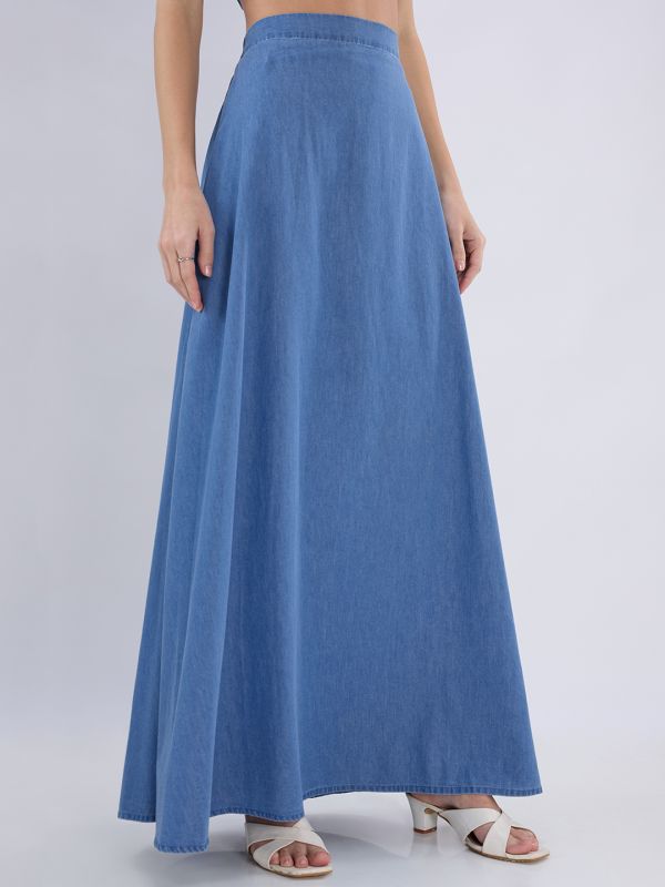 Globus Women Blue High-Rise A-Line Flared Hem Denim Maxi Skirt