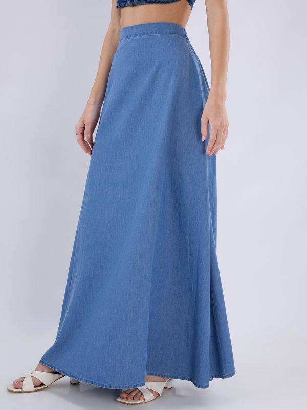 Globus Women Blue High-Rise A-Line Flared Hem Denim Maxi Skirt