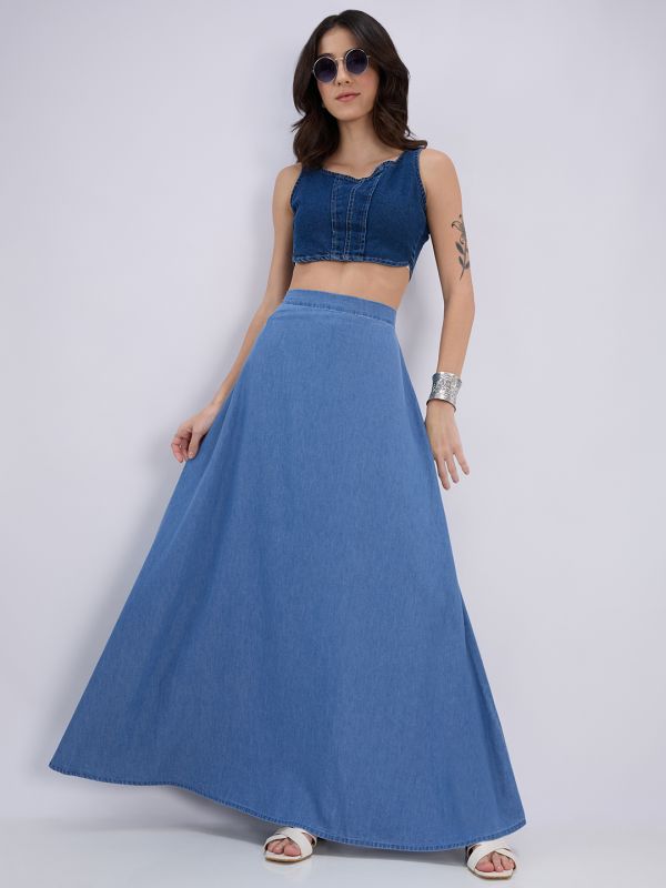 Globus Women Blue High-Rise A-Line Flared Hem Denim Maxi Skirt