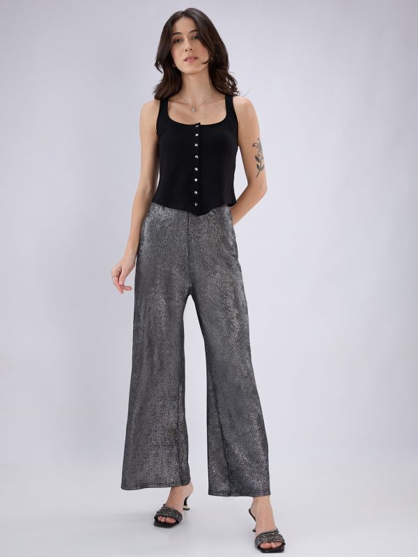 Globus Women Black Sheen Self Design Mid Rise Flared Party Trousers