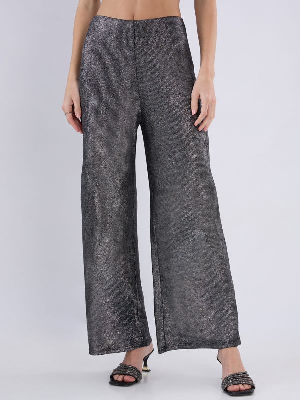 Globus Women Black Sheen Self Design Mid Rise Flared Party Trousers