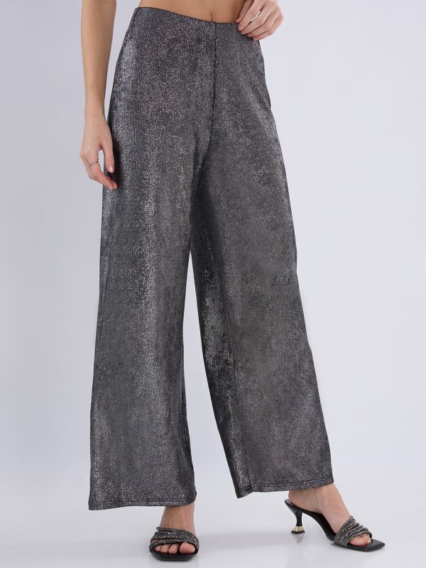 Globus Women Black Sheen Self Design Mid Rise Flared Party Trousers