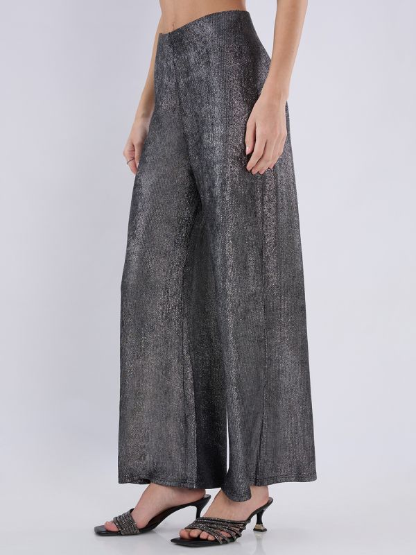 Globus Women Black Sheen Self Design Mid Rise Flared Party Trousers