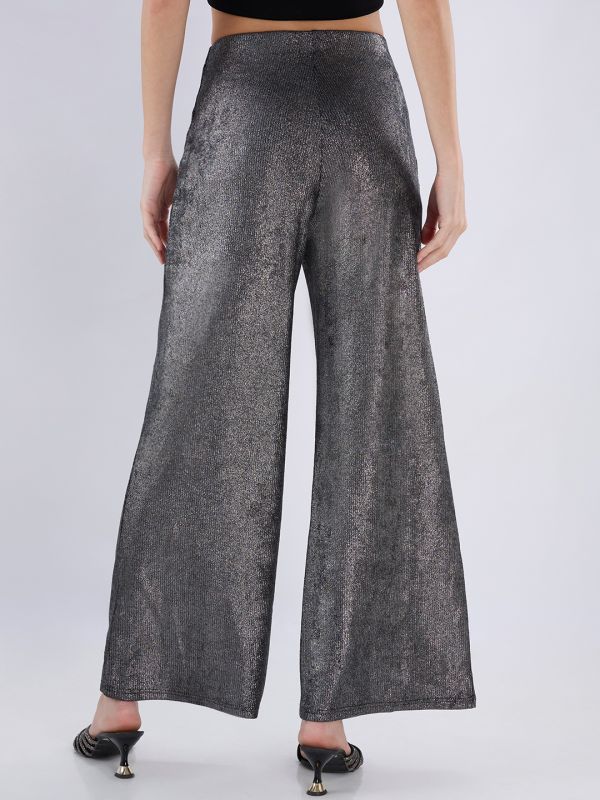 Globus Women Black Sheen Self Design Mid Rise Flared Party Trousers