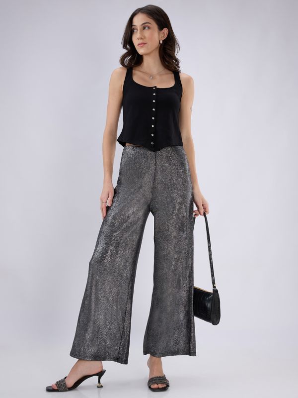 Globus Women Black Sheen Self Design Mid Rise Flared Party Trousers