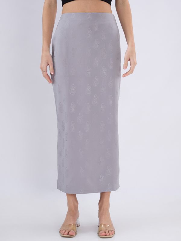 Globus Women Grey Self Design Paisley Print Mid Rise Back Slit Pencil Midi Skirt