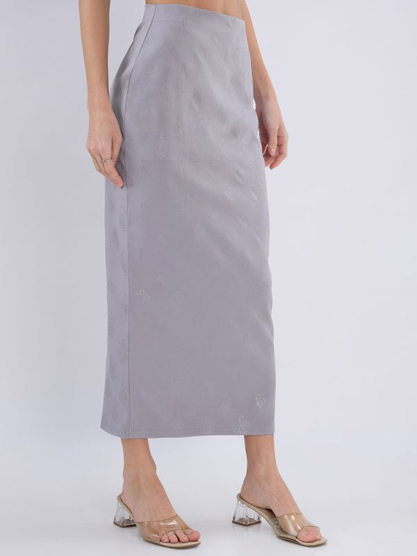 Globus Women Grey Self Design Paisley Print Mid Rise Back Slit Pencil Midi Skirt