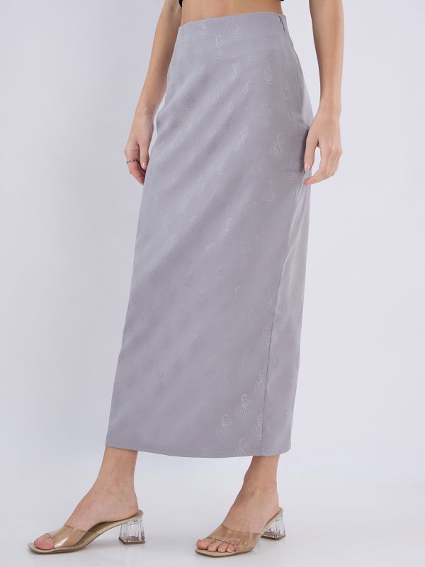 Globus Women Grey Self Design Paisley Print Mid Rise Back Slit Pencil Midi Skirt