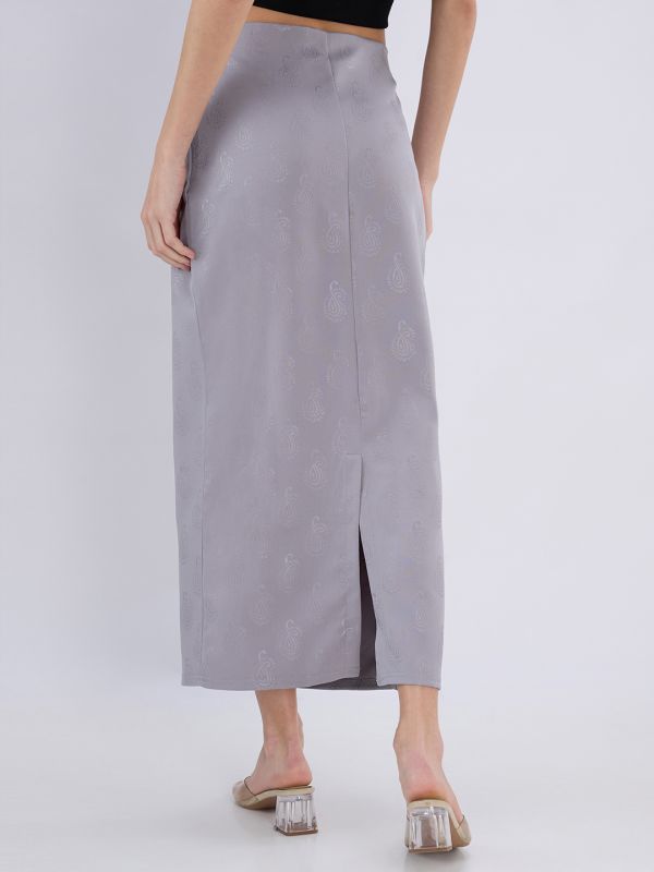 Globus Women Grey Self Design Paisley Print Mid Rise Back Slit Pencil Midi Skirt