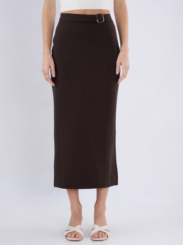 Globus Women Brown Mid Rise Back Slit Pencil Midi Workwear Skirt