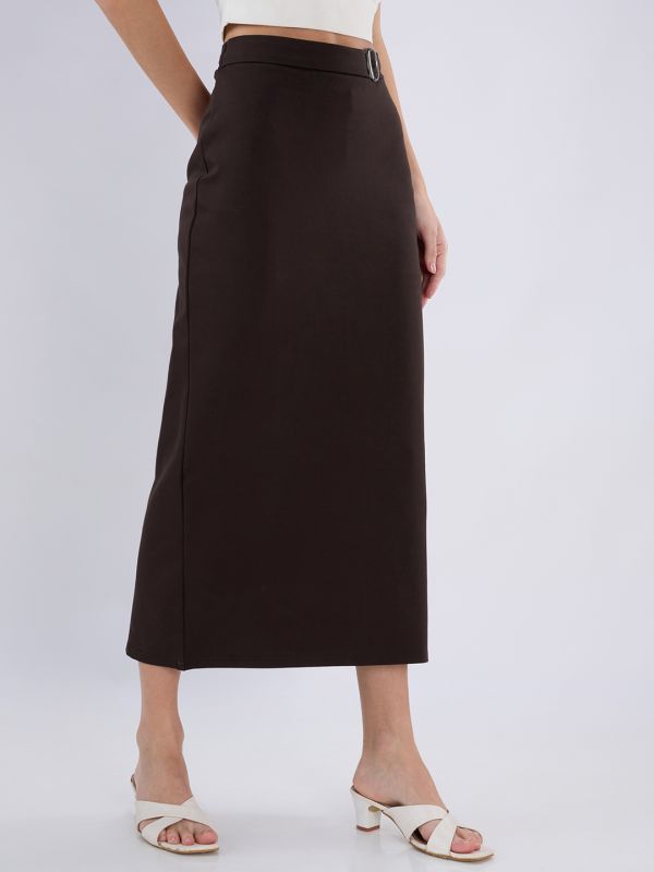 Globus Women Brown Mid Rise Back Slit Pencil Midi Workwear Skirt