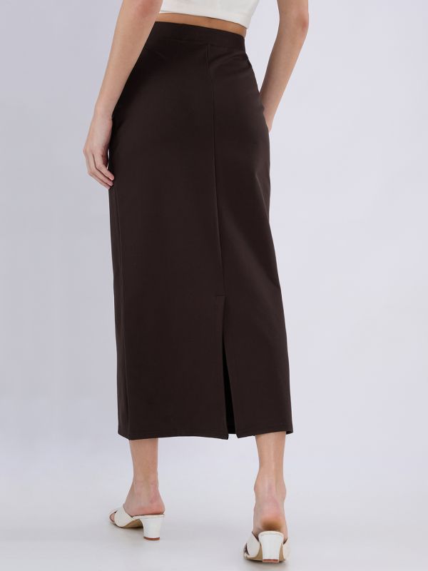 Globus Women Brown Mid Rise Back Slit Pencil Midi Workwear Skirt