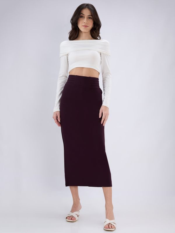Globus Women Burgundy Mid Rise Pintuck Waist Back Slit Pencil Midi Skirt