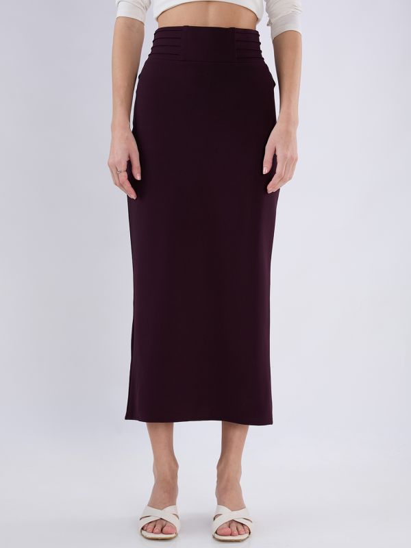Globus Women Burgundy Mid Rise Pintuck Waist Back Slit Pencil Midi Skirt